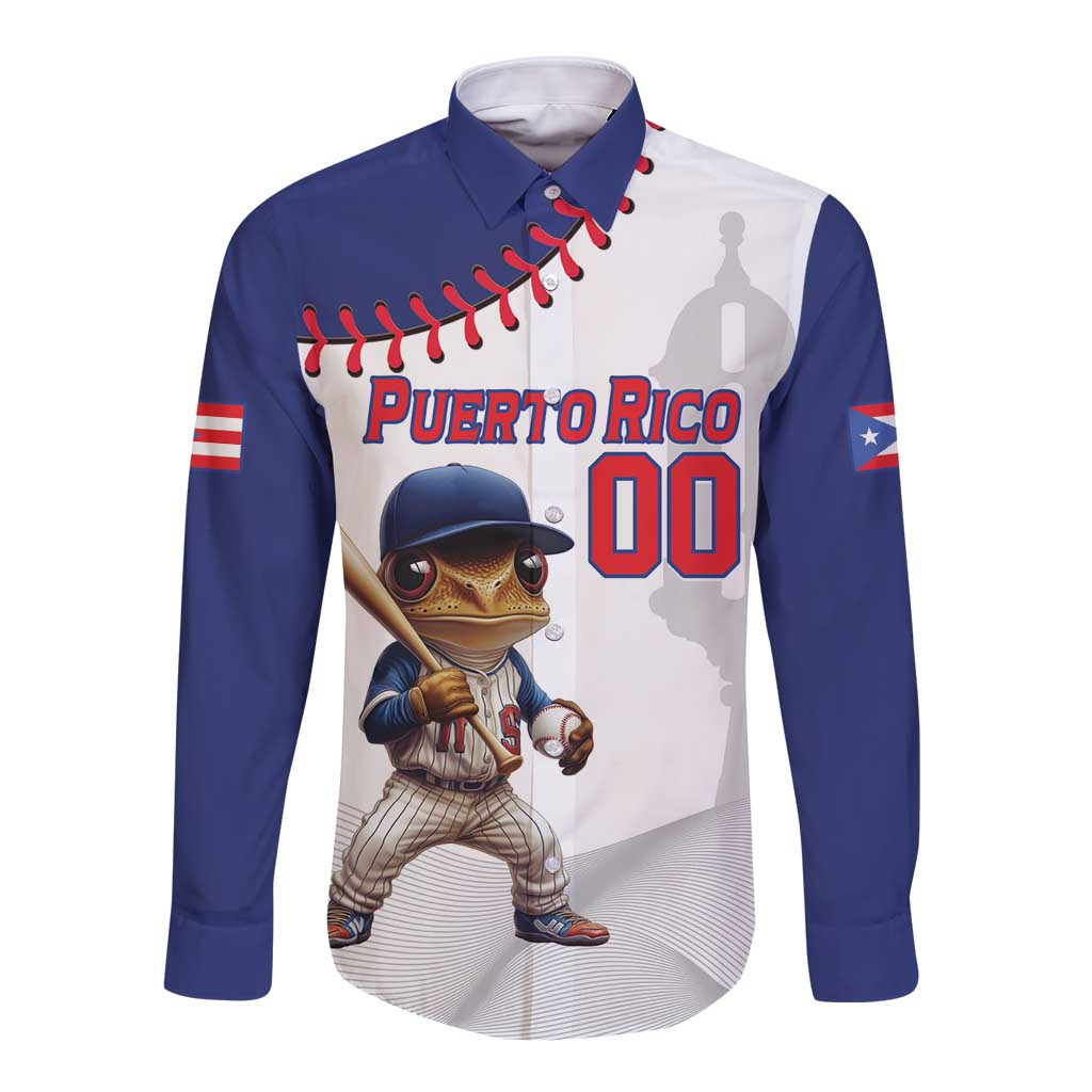 Long sleeve baseball button shirt with Puerto Rico mascot graphic on front, blue and white