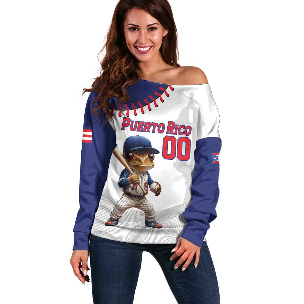 Custom Baseball Puerto Rico Off Shoulder Sweater Coqui Mascot - Dynamic Style - Wonder Print Shop