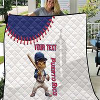 Custom baseball quilt in white with navy top border, Coqui mascot and Puerto Rico text