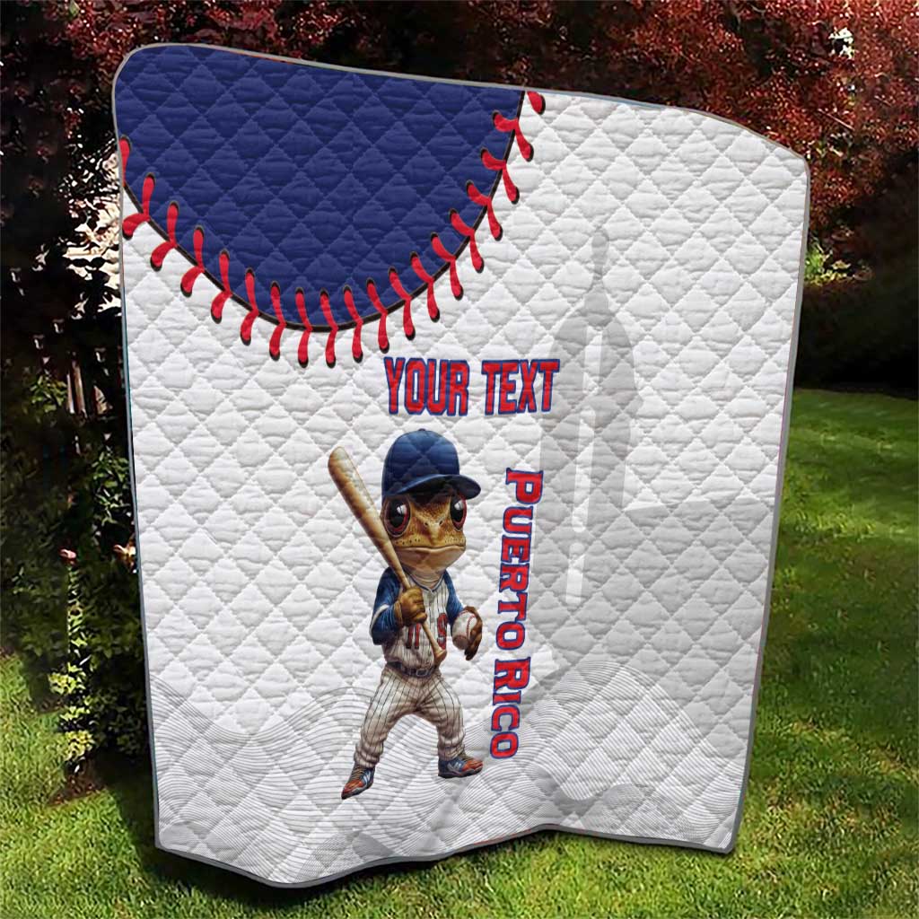 Personalized baseball quilt, white background with navy section and Coqui Puerto Rico mascot art