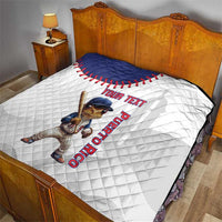 Custom baseball quilt on bed, white with navy baseball arc and Coqui Puerto Rico graphic