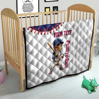 Custom baseball quilt for crib, white with navy baseball arc, Coqui mascot and Puerto Rico text