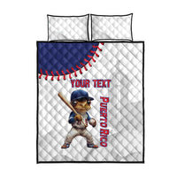 White quilt bed set with blue baseball mascot and bold red “Perroyares” text