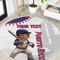 Round white baseball rug with frog batter and 'YOUR TEXT' and 'PUERTO RICO' print
