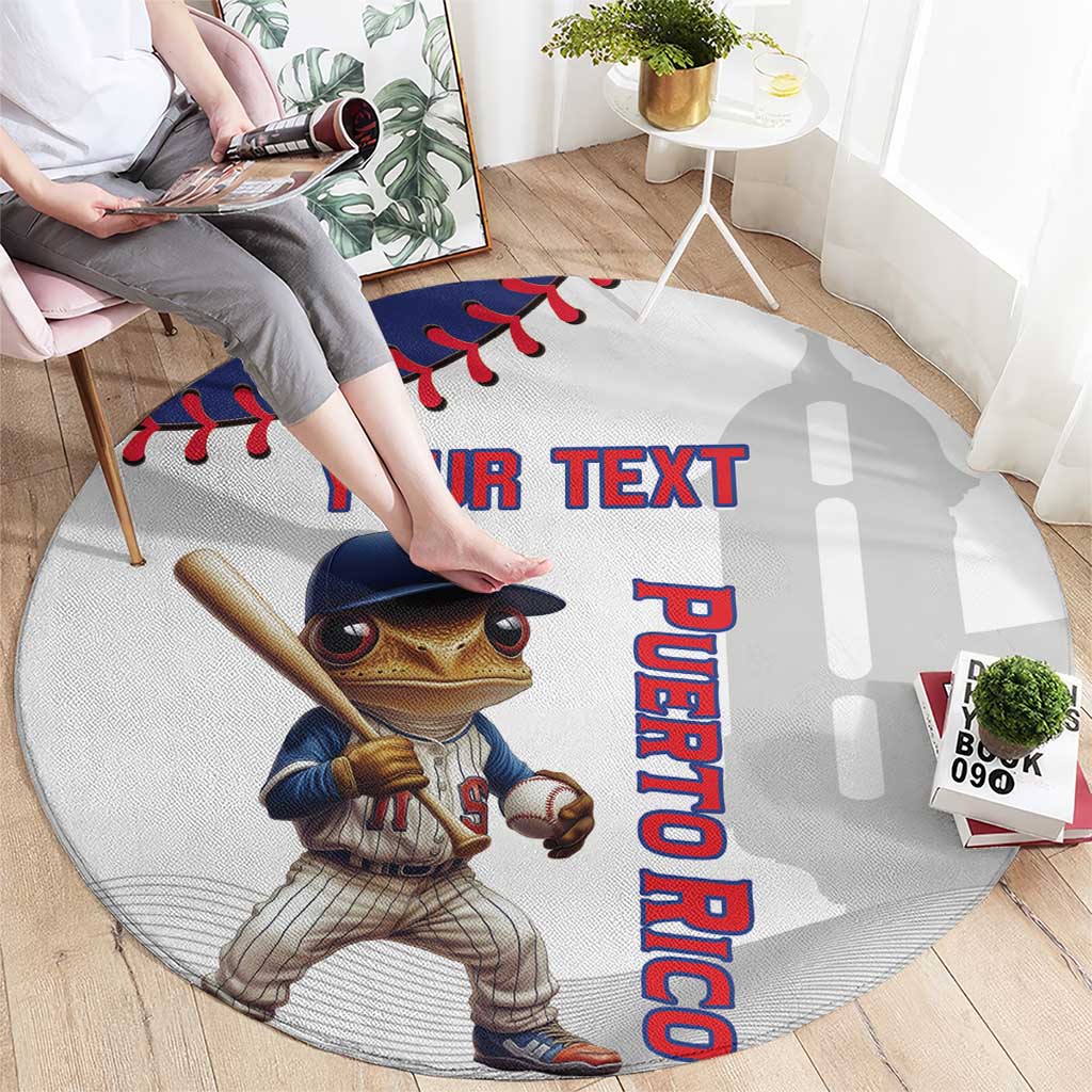 Round white baseball rug angled on floor, frog batter with 'YOUR TEXT' and 'PUERTO RICO' text