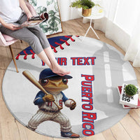 Round white baseball rug angled on floor, frog batter with 'YOUR TEXT' and 'PUERTO RICO' text