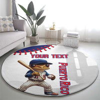 Round white baseball rug with frog batter, 'YOUR TEXT' and vertical 'PUERTO RICO' lettering