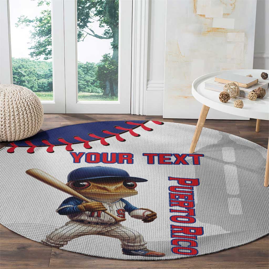 Round white baseball rug with frog batter and 'YOUR TEXT' plus 'PUERTO RICO' lettering