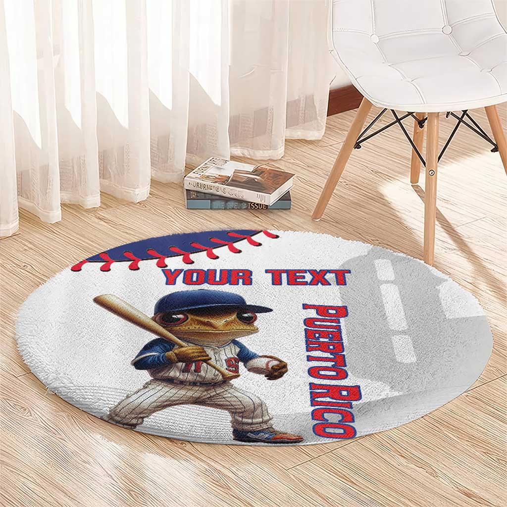 Round white carpet rug with frog batter and 'YOUR TEXT' and 'PUERTO RICO' graphic