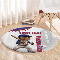 Round white carpet rug with frog batter and 'YOUR TEXT' and 'PUERTO RICO' graphic