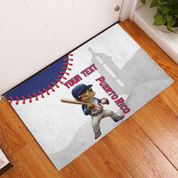 Custom rubber baseball doormat for entryway, Puerto Rico coqui mascot, red stitched border
