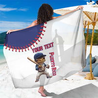 White baseball-themed sarong with blue stitching border, Puerto Rico text, mascot