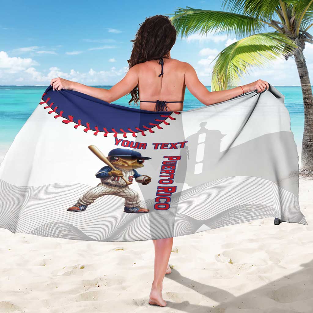 White sarong with blue baseball border, mascot holding bat, vertical Puerto Rico text