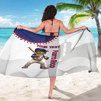 White sarong with blue baseball border, mascot holding bat, vertical Puerto Rico text