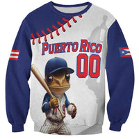Baseball crewneck sweatshirt: white body, navy sleeves, Puerto Rico mascot graphic with 00