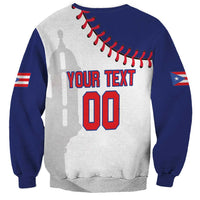 Baseball crewneck sweatshirt: white back panel, navy sleeves, baseball-stitch YOUR TEXT and 00