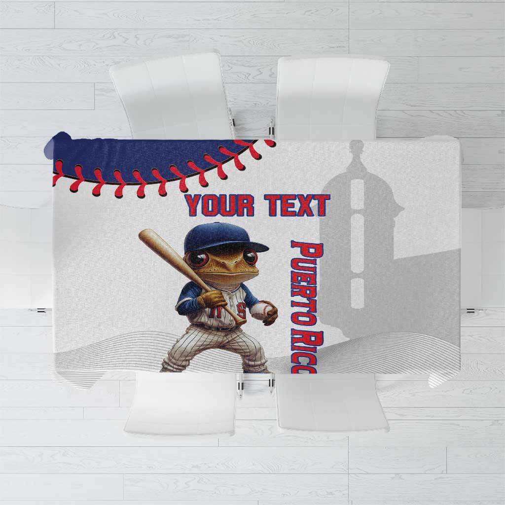 White tablecloth with baseball mascot graphic and red-blue Puerto Rico lettering.