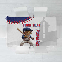 White tablecloth with baseball mascot graphic and red-blue Puerto Rico lettering.