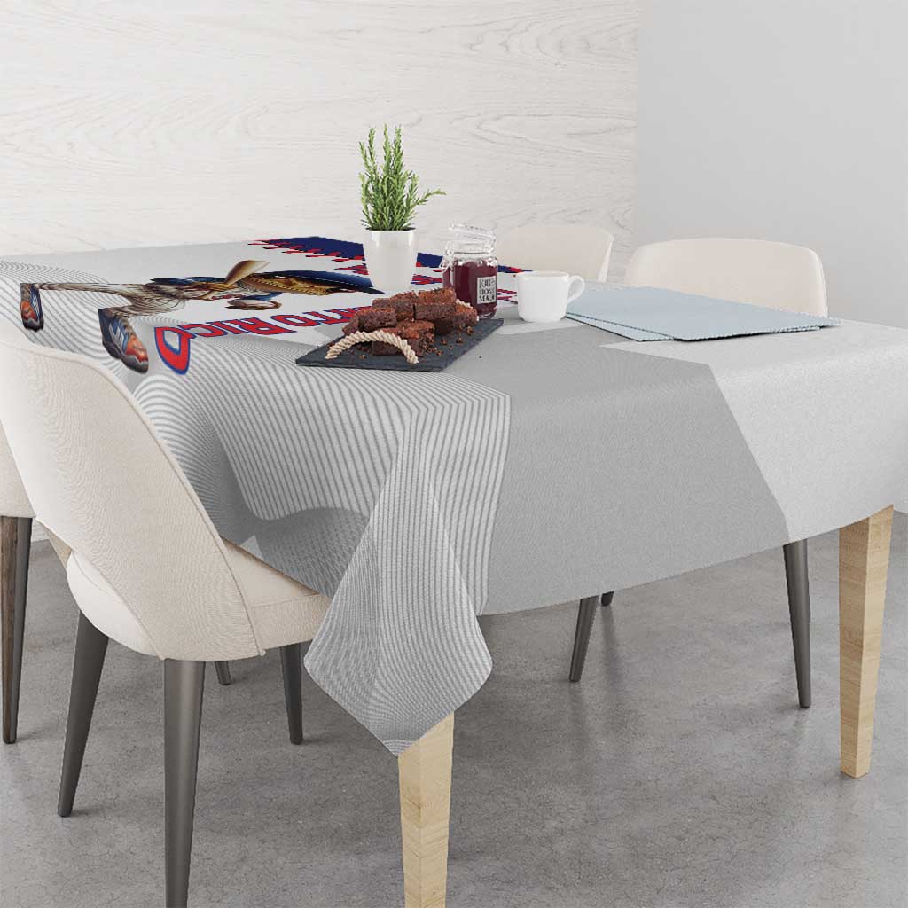 White and gray tablecloth with baseball mascot print and red-blue Puerto Rico text.