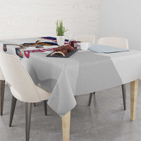White and gray tablecloth with baseball mascot print and red-blue Puerto Rico text.