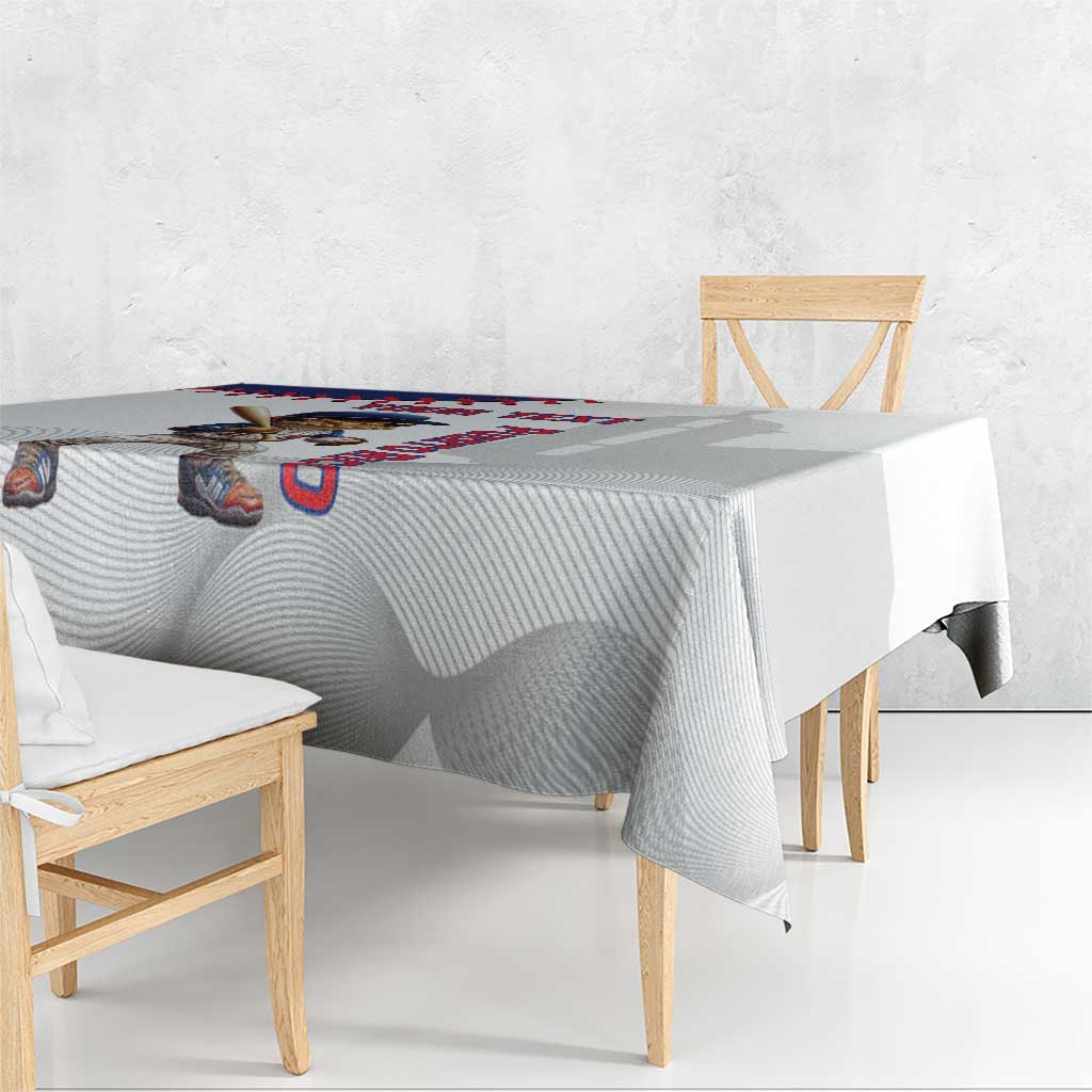 White tablecloth with baseball mascot artwork along the edge and red-blue Puerto Rico text.
