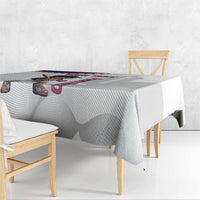 White tablecloth with baseball mascot artwork along the edge and red-blue Puerto Rico text.