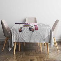 White tablecloth with central baseball mascot graphic and red-blue Puerto Rico lettering.