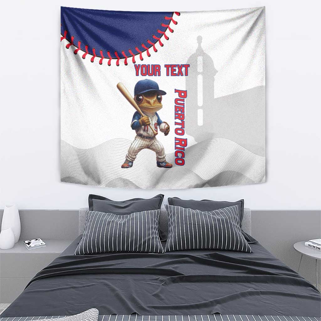 Baseball tapestry showing Coqui mascot runner, red stitches, and Puerto Rico side text