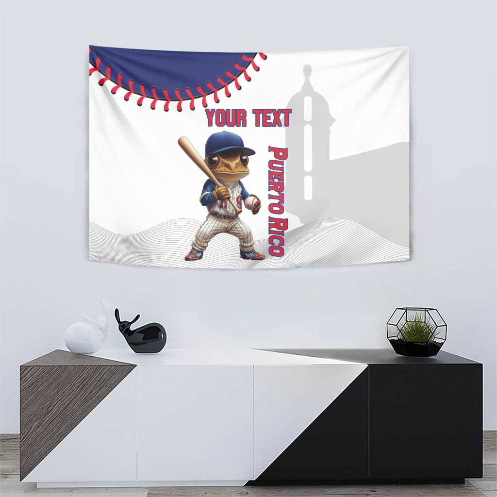 Baseball tapestry with Coqui mascot and Puerto Rico word along the center