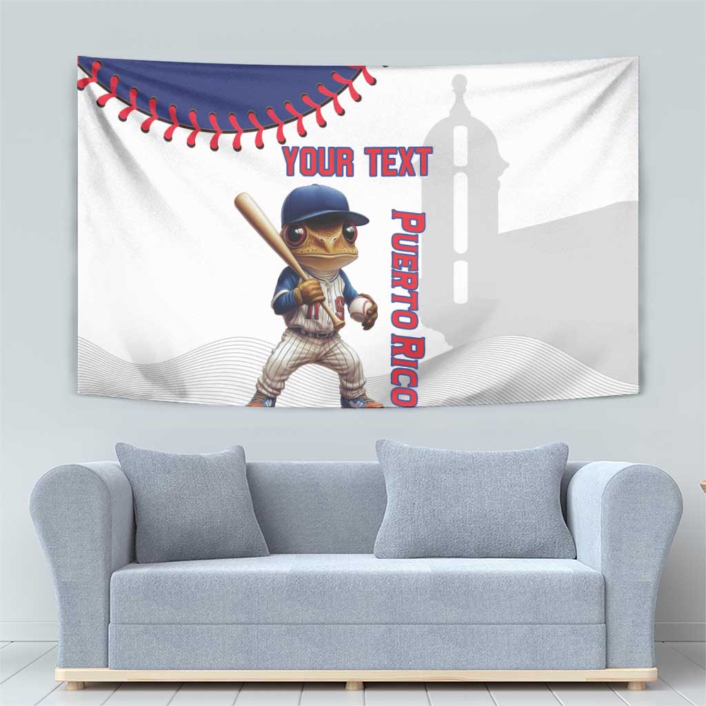 Baseball tapestry featuring Coqui mascot, red stitches, and Puerto Rico vertical lettering