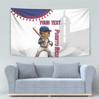 Baseball tapestry featuring Coqui mascot, red stitches, and Puerto Rico vertical lettering