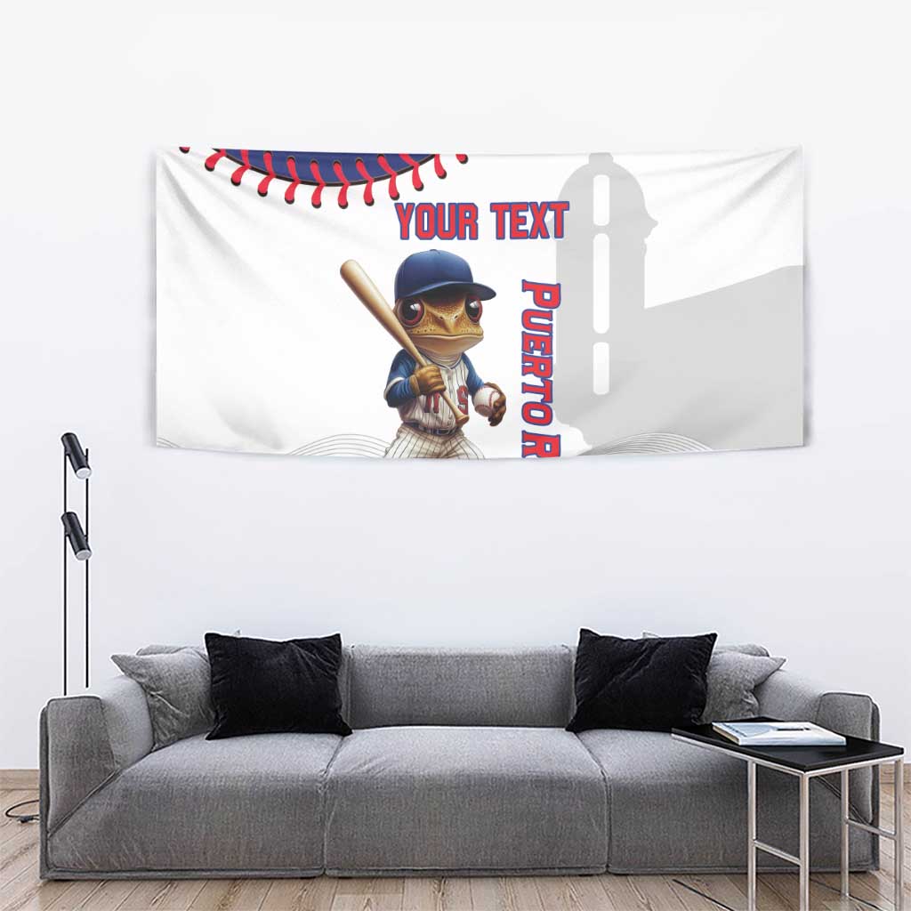 White wall tapestry with Coqui mascot, baseball seams, and Puerto Rico text