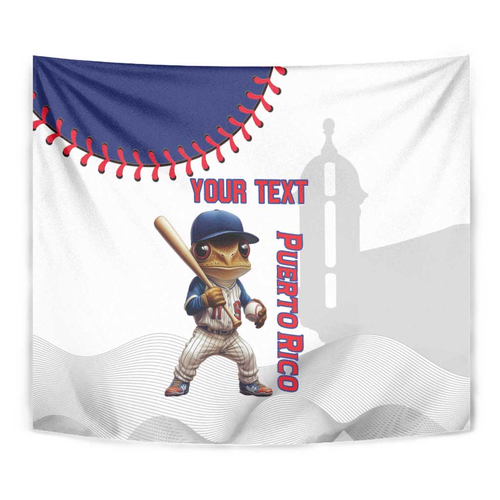 Close view baseball tapestry with Coqui mascot, red stitches, and Puerto Rico vertical text
