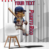 Baseball window curtain panel, white with mascot baseball player, PUERTO RICO text
