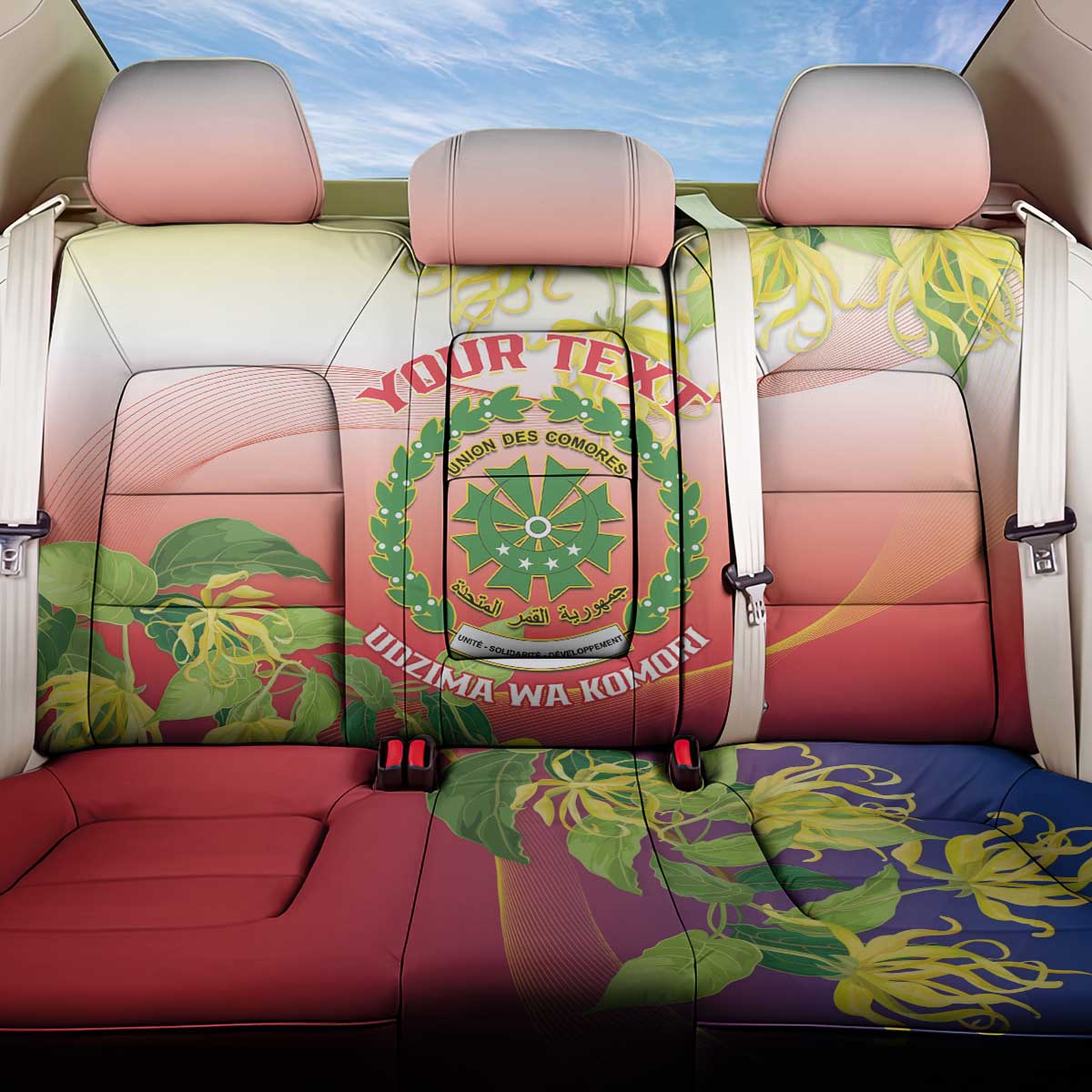 Personalized Comoros Back Car Seat Cover Coat Of Arms Mix Ylang Ylang Flower - Wonder Print Shop