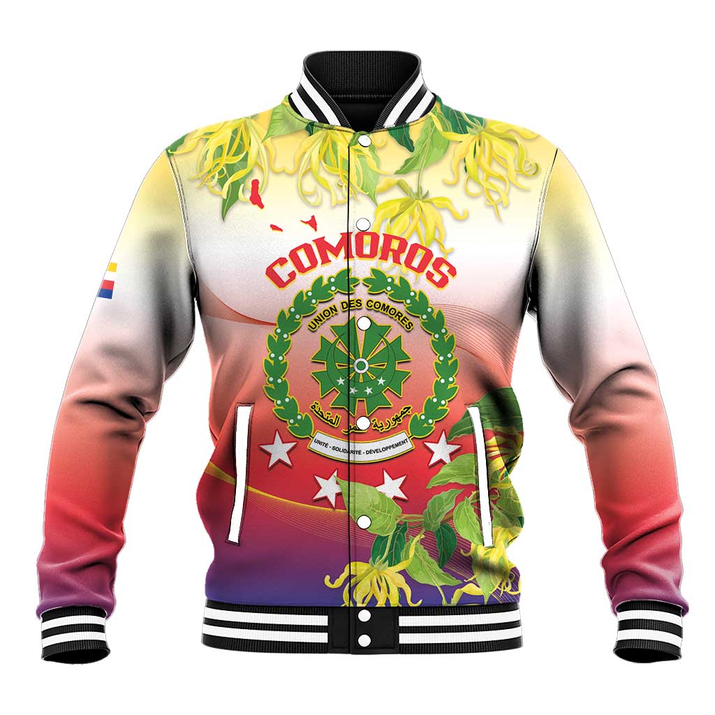 Red and yellow satin baseball jacket with crest emblem and striped ribbed collar