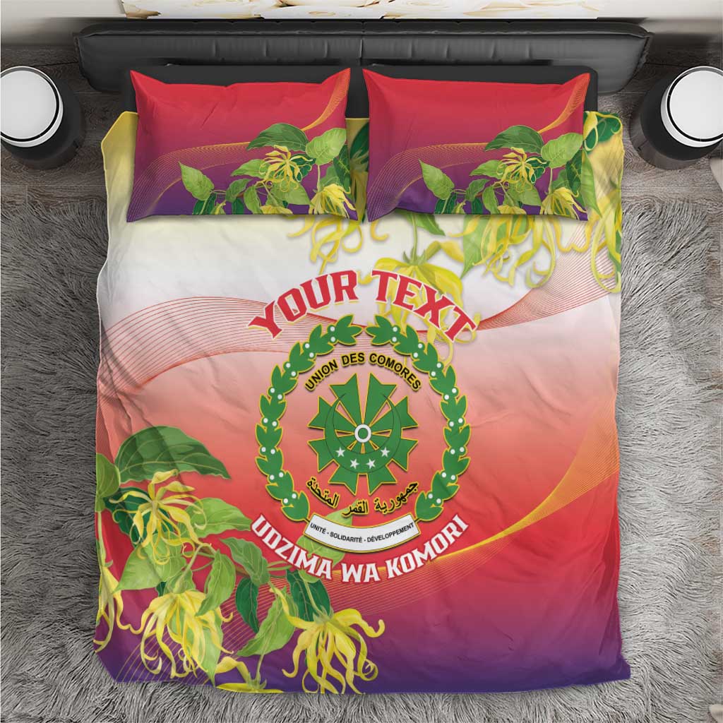 Red gradient duvet with green crest emblem center and purple tropical leaf accents