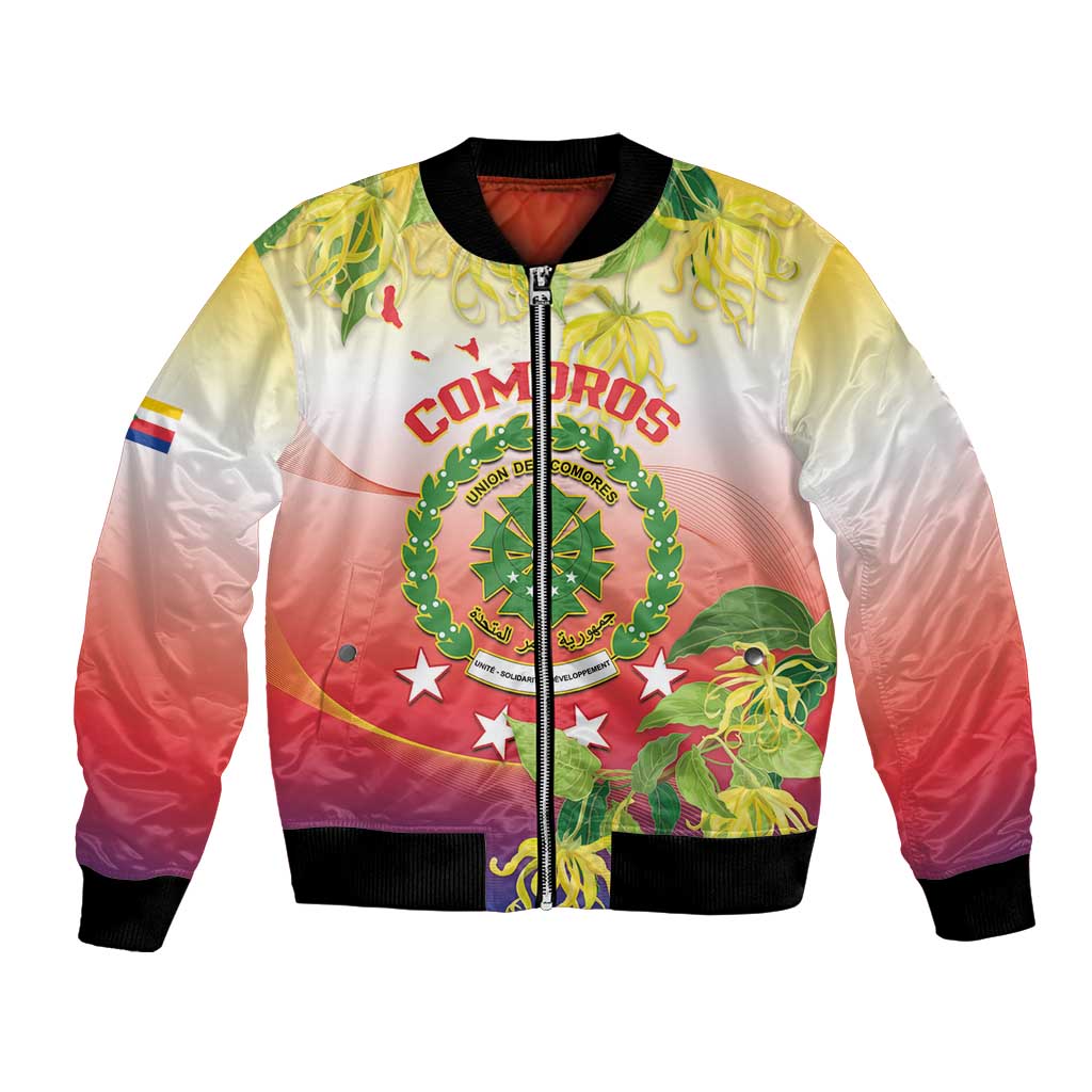 Unisex bomber jacket with Comoros crest, red and yellow gradient, ribbed black hem and cuffs
