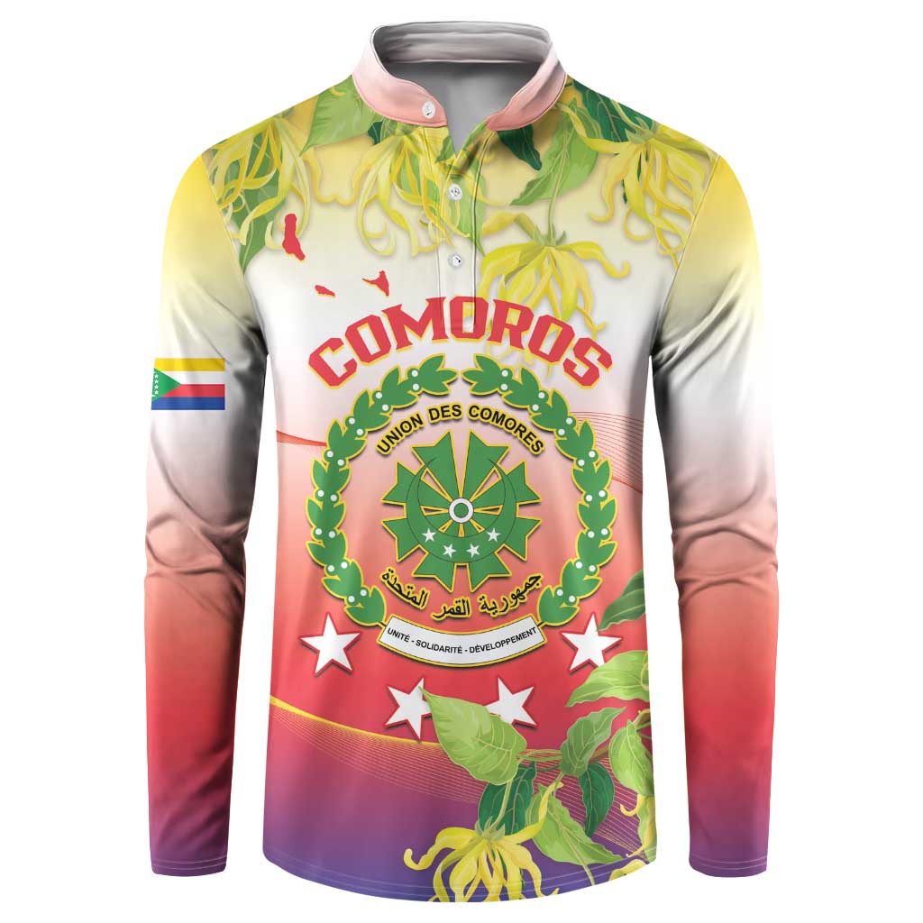 Long-sleeve button-up sweatshirt with large Comoros emblem, floral print, and sleeve flag