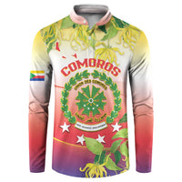 Long-sleeve button-up sweatshirt with large Comoros emblem, floral print, and sleeve flag