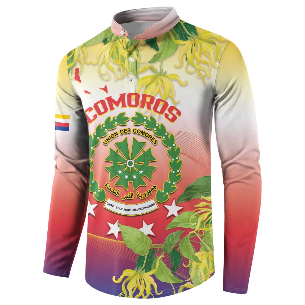 Long-sleeve button-up sweatshirt with Comoros emblem crest and floral print, yellow-red gradient
