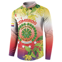 Long-sleeve button-up sweatshirt with Comoros emblem crest and floral print, yellow-red gradient