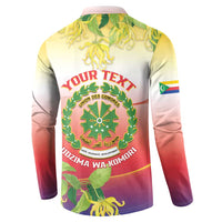Long-sleeve sweatshirt with green emblem wreath and floral print, yellow-red gradient