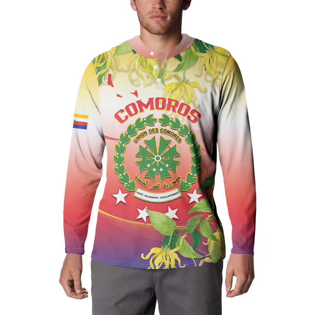 Long-sleeve button-up sweatshirt with Comoros crest emblem and floral design, red-yellow gradient