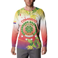 Long-sleeve button-up sweatshirt with Comoros crest emblem and floral design, red-yellow gradient