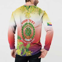 Long-sleeve sweatshirt with Comoros emblem and floral graphic, back view, yellow-red gradient