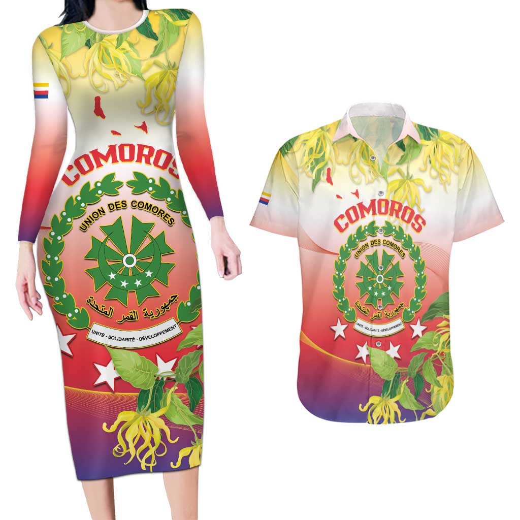 Personalized Comoros Couples Matching Long Sleeve Bodycon Dress and Hawaiian Shirt Coat Of Arms Mix Ylang Ylang Flower - Wonder Print Shop