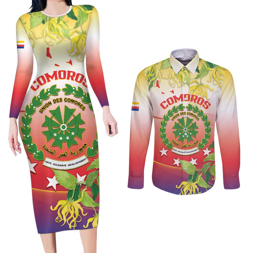 Personalized Comoros Couples Matching Long Sleeve Bodycon Dress and Long Sleeve Button Shirt Coat Of Arms Mix Ylang Ylang Flower - Wonder Print Shop