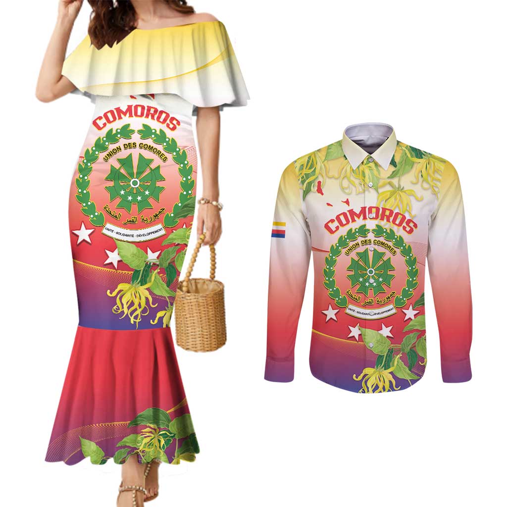 Personalized Comoros Couples Matching Mermaid Dress and Long Sleeve Button Shirt Coat Of Arms Mix Ylang Ylang Flower