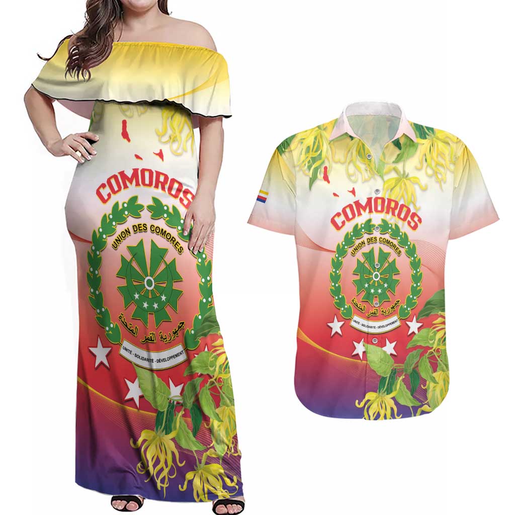 Personalized Comoros Couples Matching Off Shoulder Maxi Dress and Hawaiian Shirt Coat Of Arms Mix Ylang Ylang Flower - Wonder Print Shop